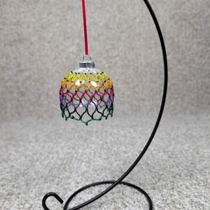 Handmade Beaded Christmas‎ Ornament Rainbow Colors Red Ribbon Holiday Decor